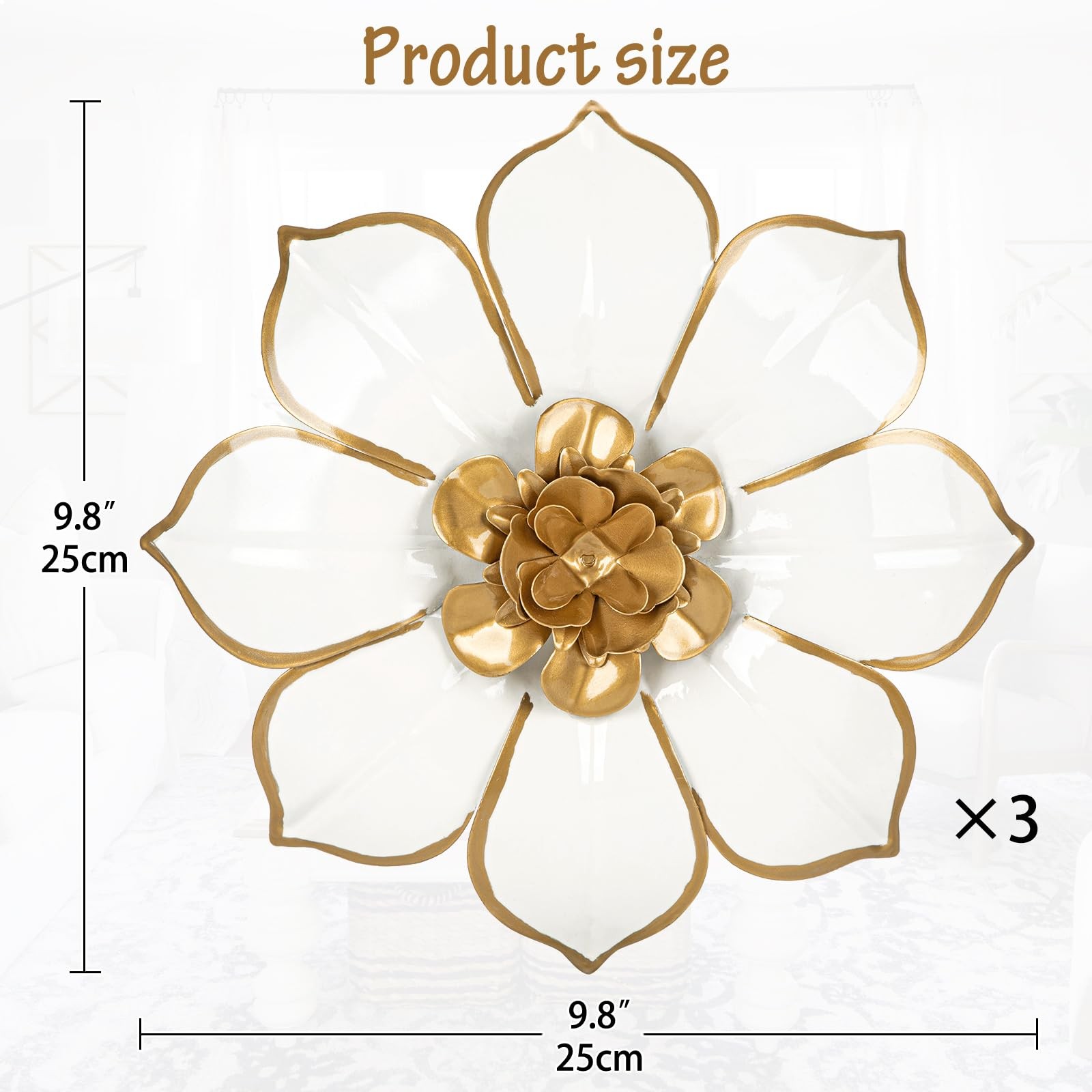 Metal Flowers Wall Decor White and Gold Art 10″, # 3