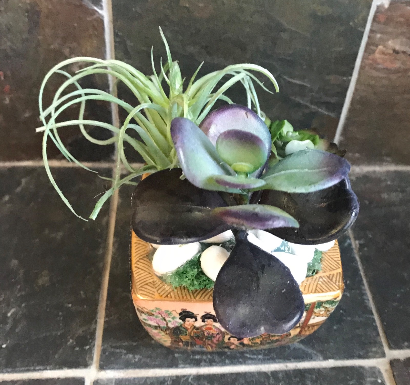 Artificial Green Grass Succulent Planter in a Satsuma Bowl with Geishas