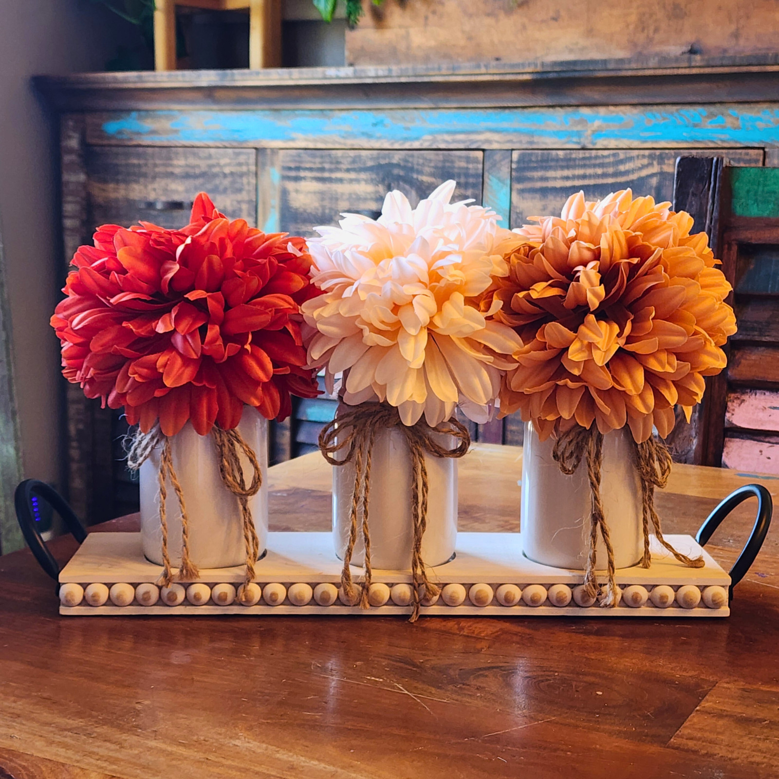 Fall Dahlia Floral Centerpiece – Vase Trio on Wood Tray – Farmhouse Table Decor