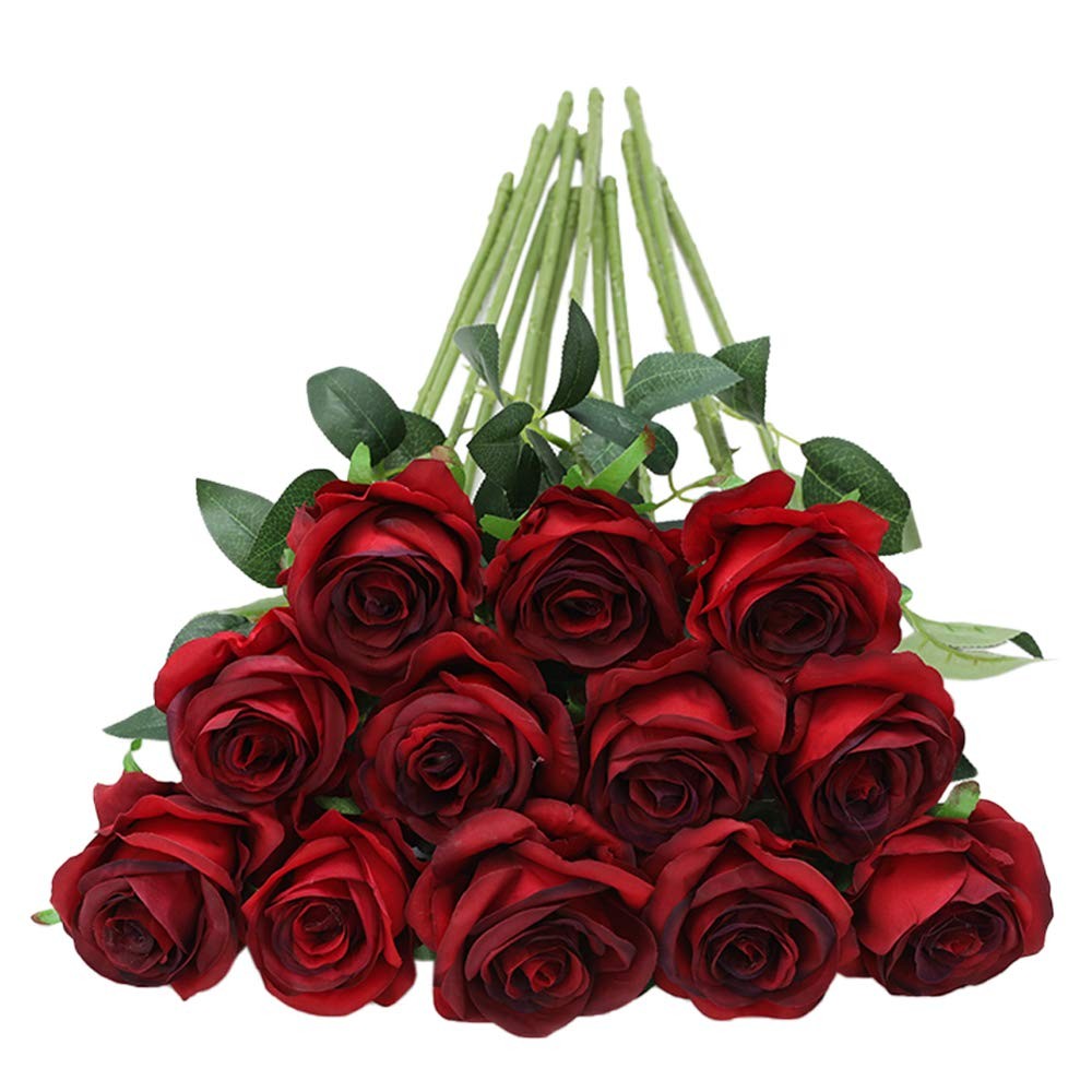 12pcs Red Roses Artificial Flowers,Realistic Long Stem Fake Silk Roses Bouque…
