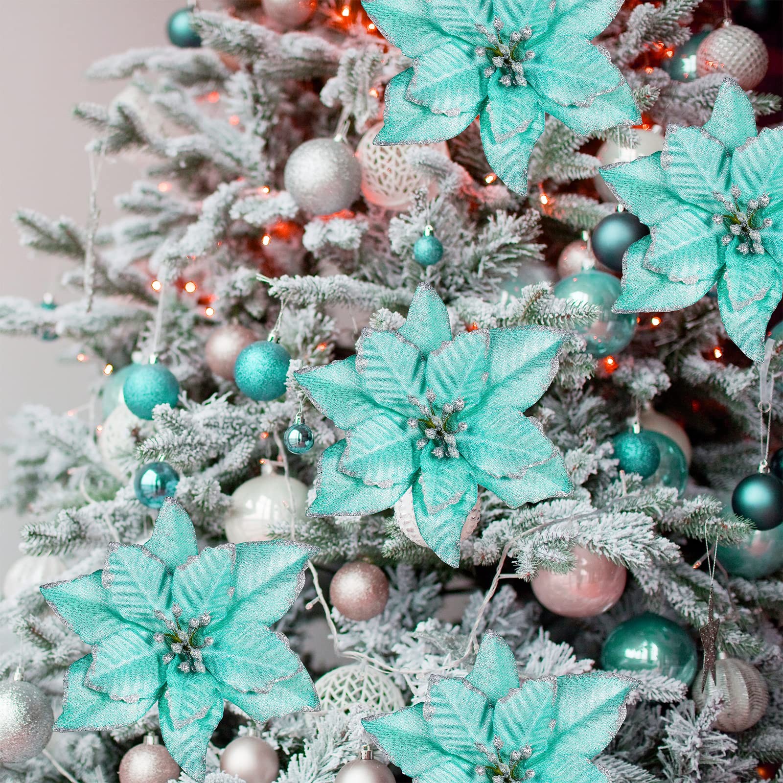 24 Pcs Glitter Artificial Christmas Poinsettia Flowers Picks Christmas Teal
