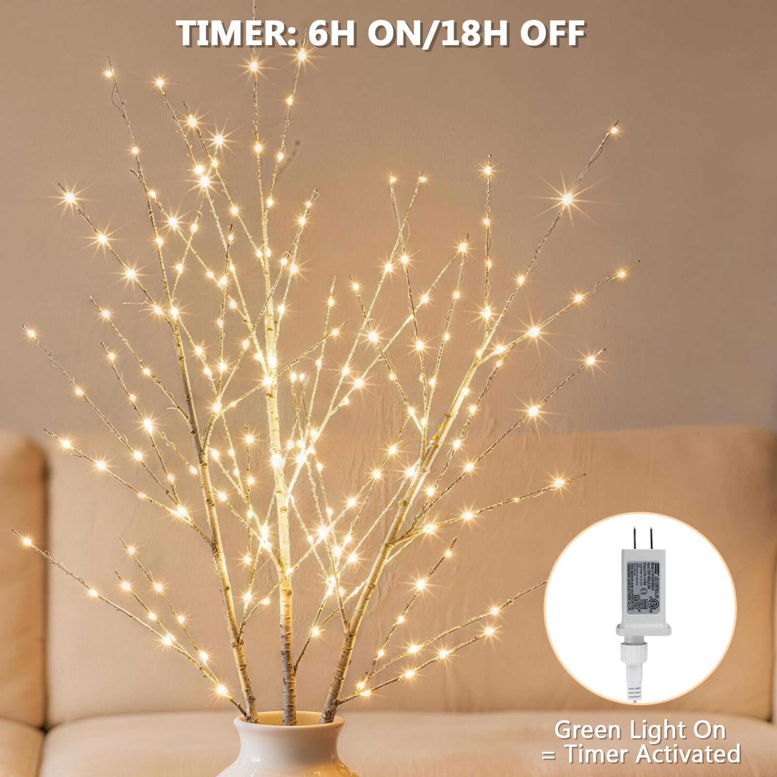 33 Inch Lighted Birch Tree Branch 180 LED Plug In Timer Christmas Decor