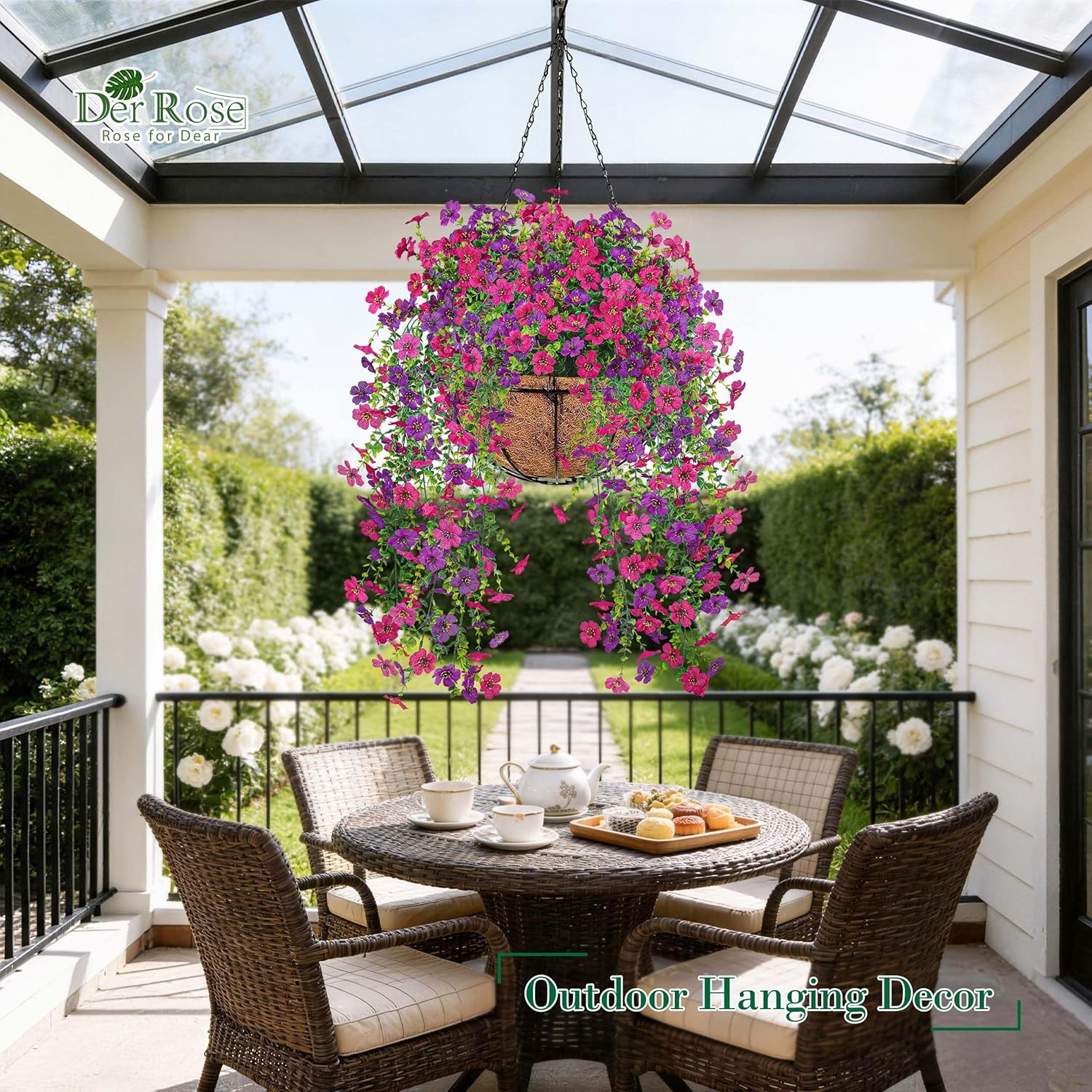 Artificial Hanging Flowers for Outdoors, 4 Pcs UV Resistant Cascading Fake Outdo