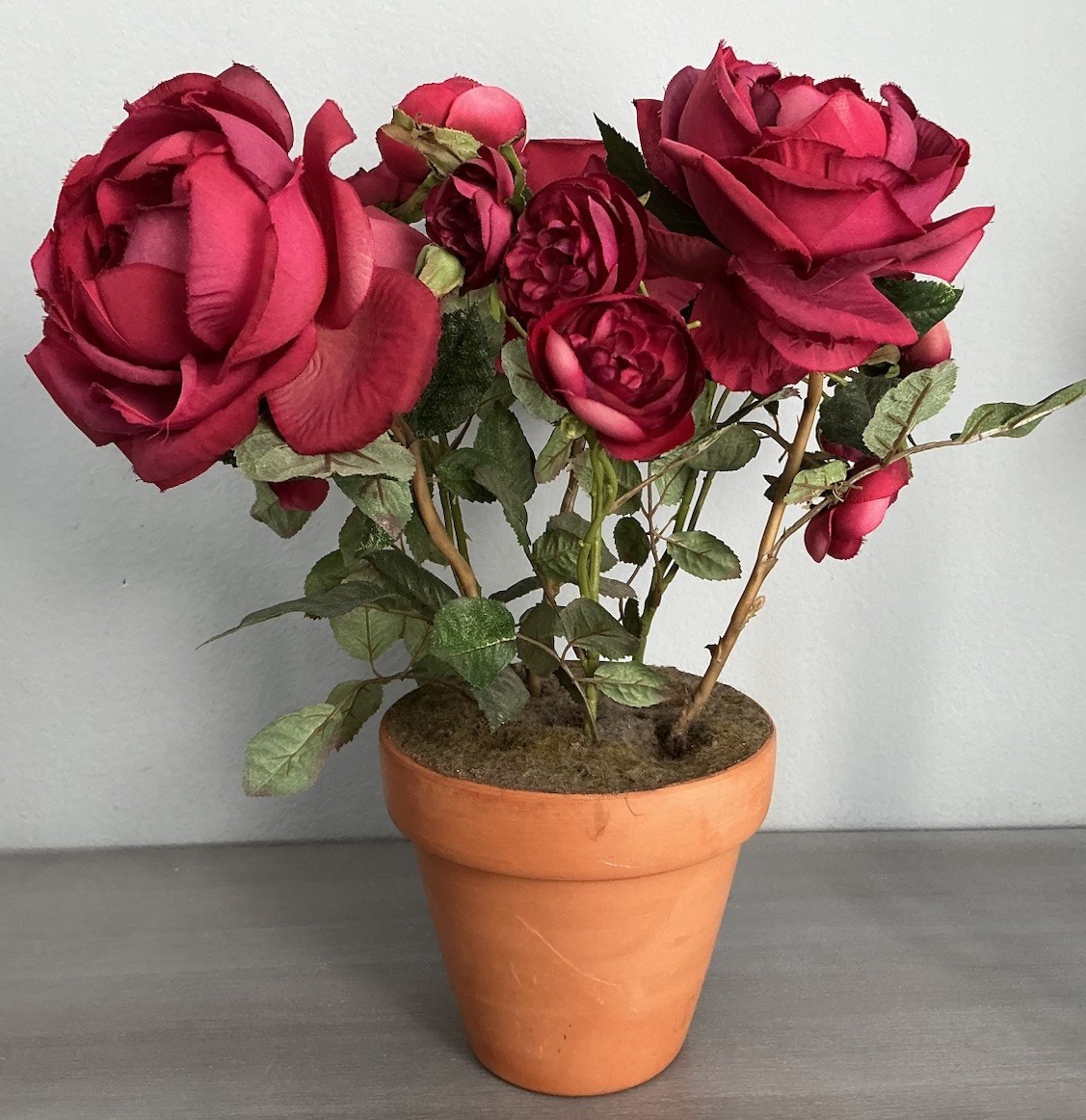 Realistic Artificial Camellia Red Roses Floral Arrangement Terracotta Pot 15’’