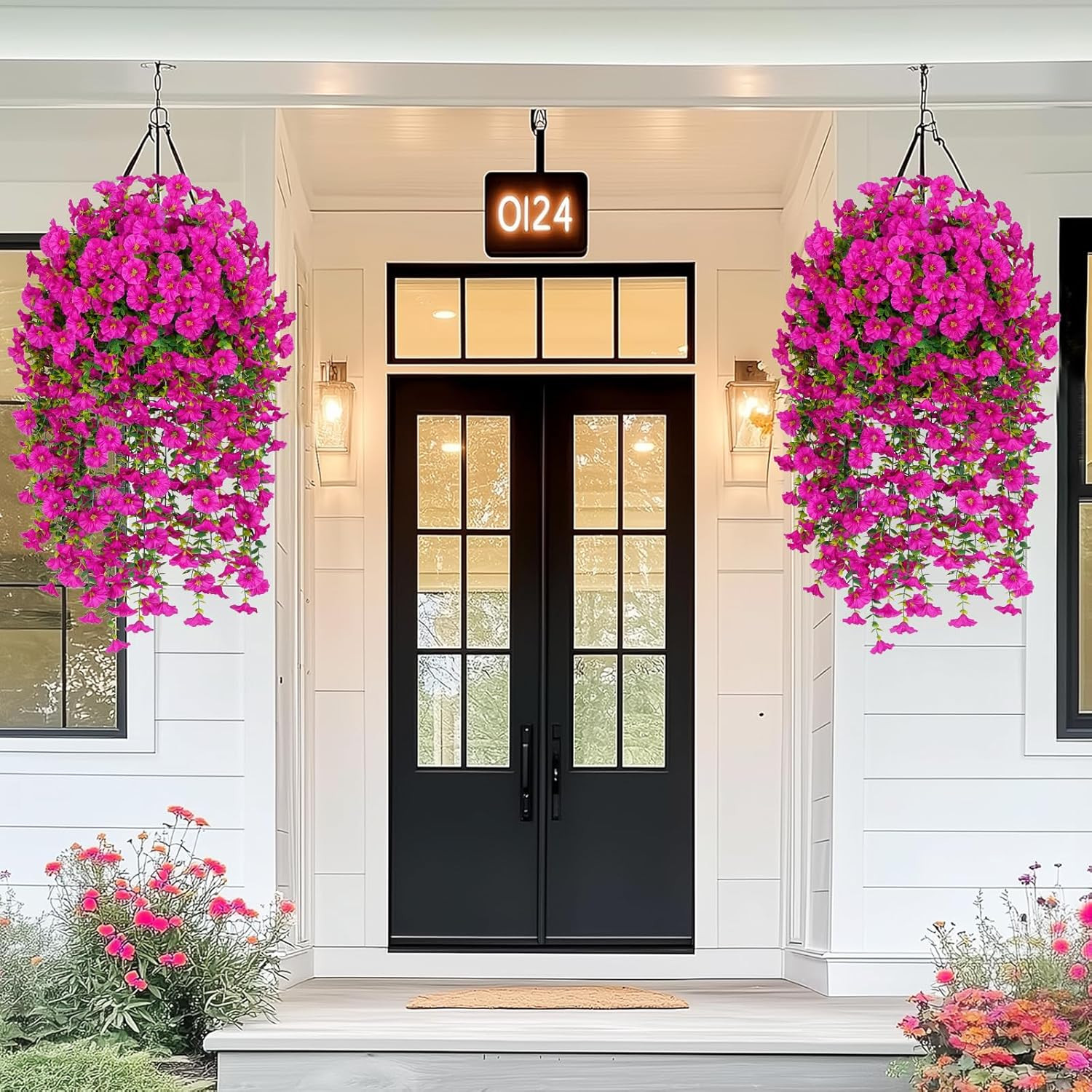 4 Pcs Fuchsia Artificial Hanging Flowers Silk Petunia Outdoor Porch Patio Plant