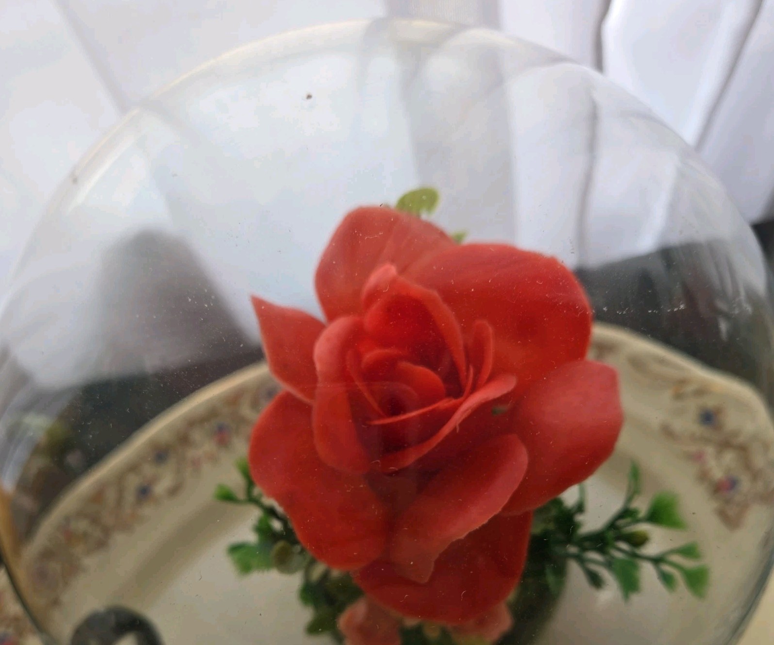 9” Silk Rose Flower Glass Dome Display w/ green base Case Vintage Retro