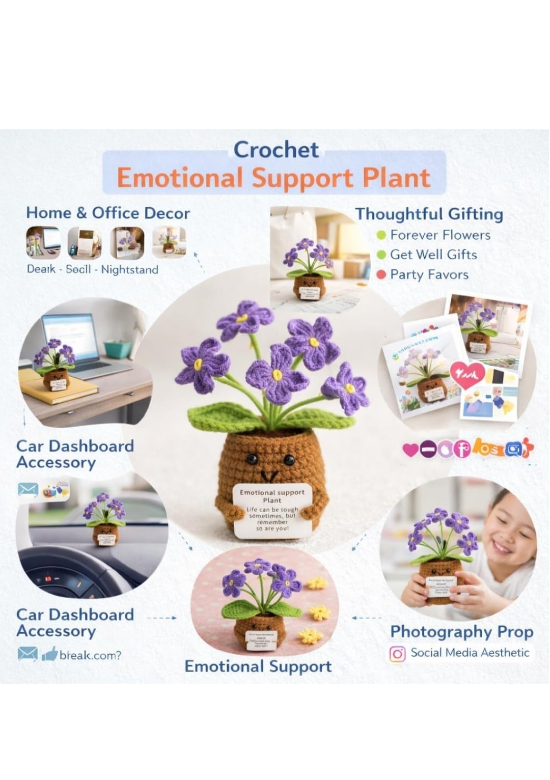12CM Height Emotional Support Crochet Flower Plant, Handmade Cut Decor