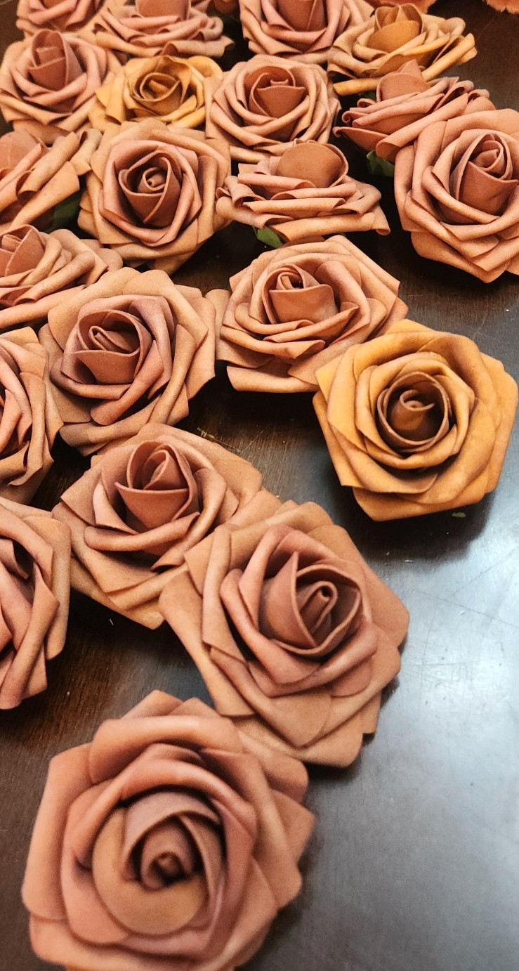 21 Foam Flower Blossom Heads Roses Terracotta Sunset & Burnt Orange Stemless