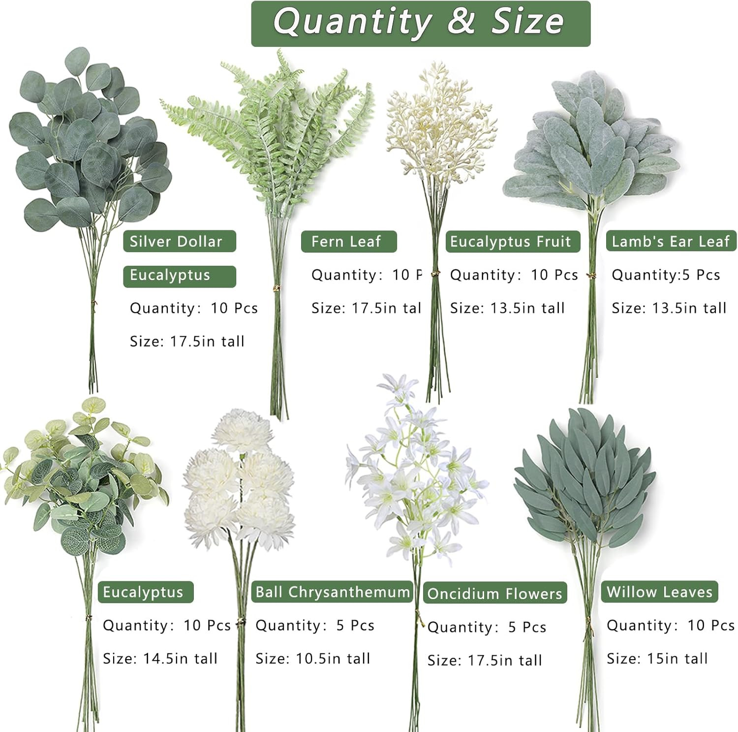 Artificial Greenery Stems Box Set(Pack of 65Pcs) with 8 Kinds of Faux Plants and
