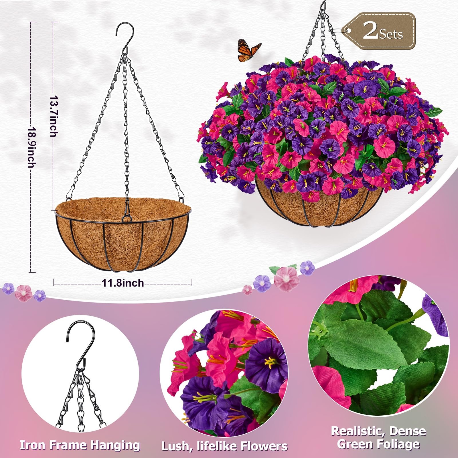 Set of 2 Artificial Hanging Flower Baskets for Outdoor Decor, 16 Bundles Faux…