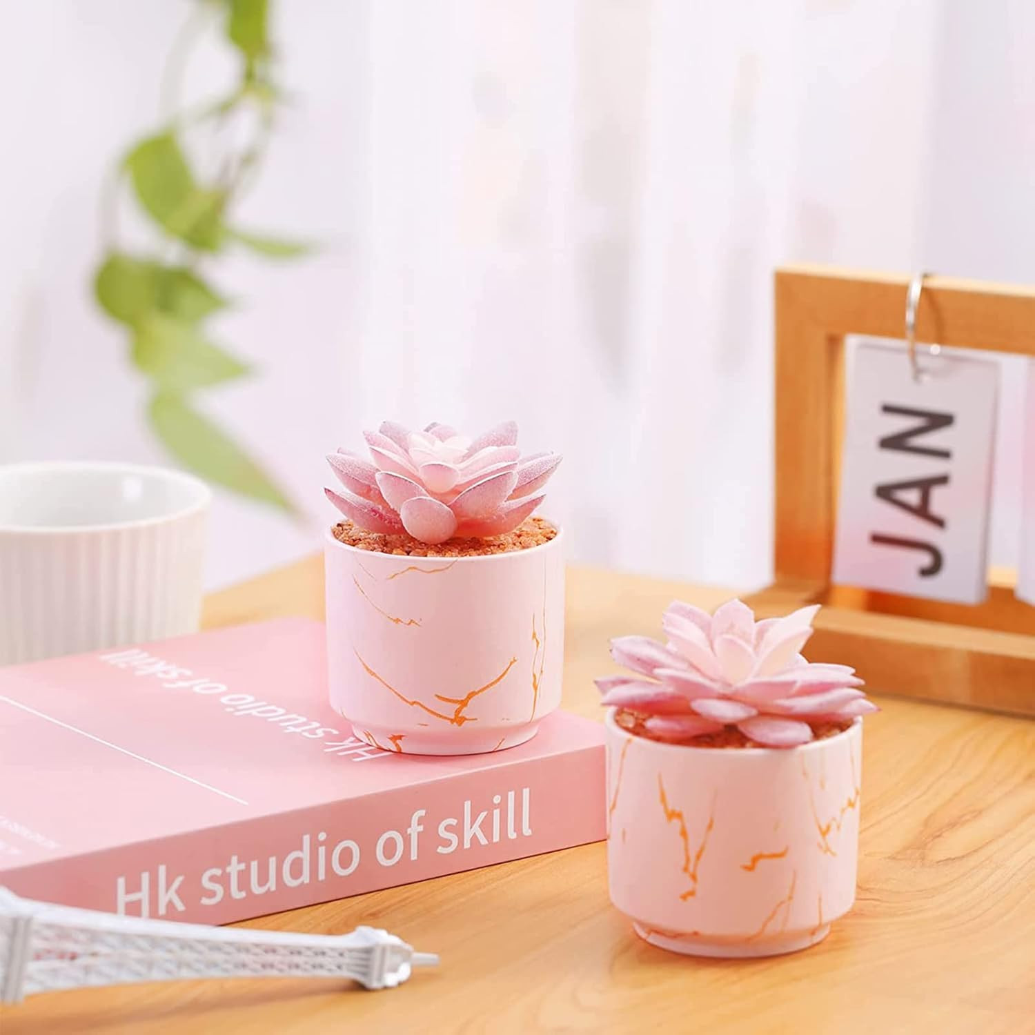 Succulent Artificial Plants,Cute Fake Succulents in 2 Pink Ceramic Pots,Small Fa