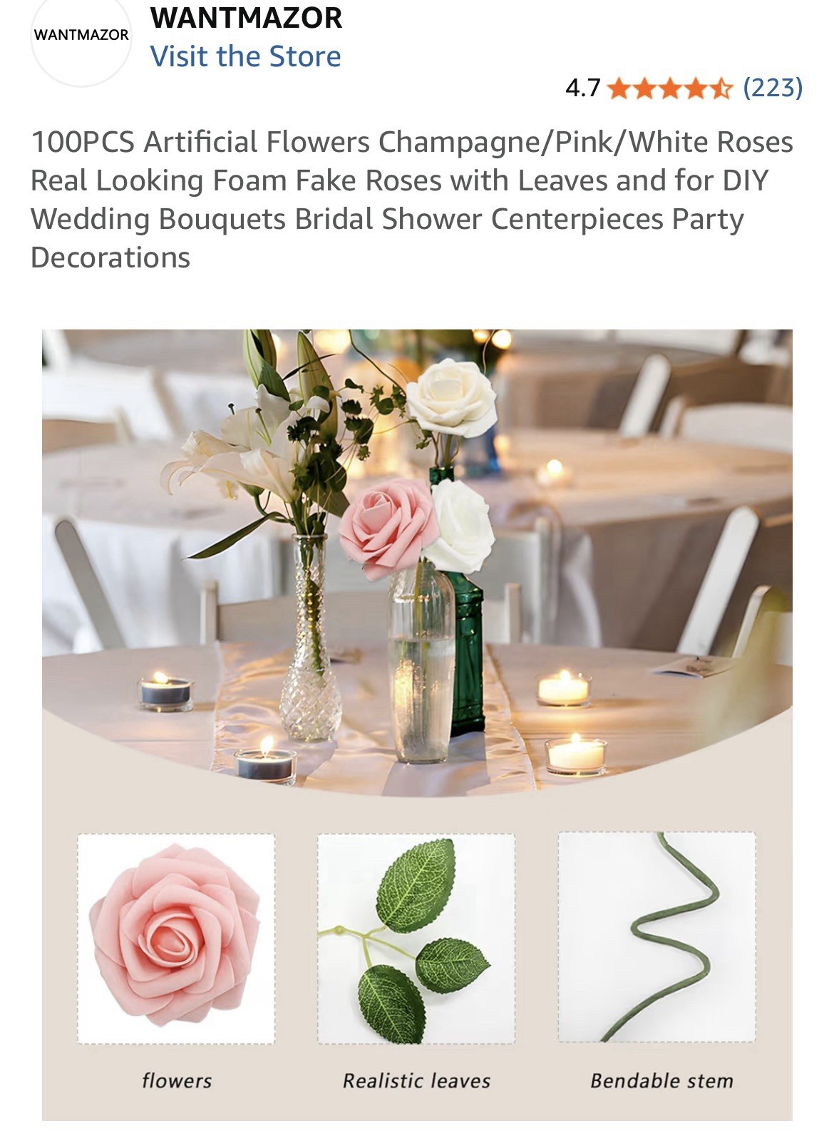 Artificial Flowers 50PCS Pink Roses Real Looking Foam Fake Roses with Leaves …