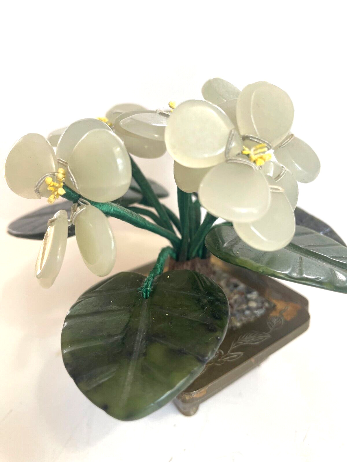 6 Jade Flowers and Petals in Brass Planter 4 “1970s Made in Hong Kong Vintage