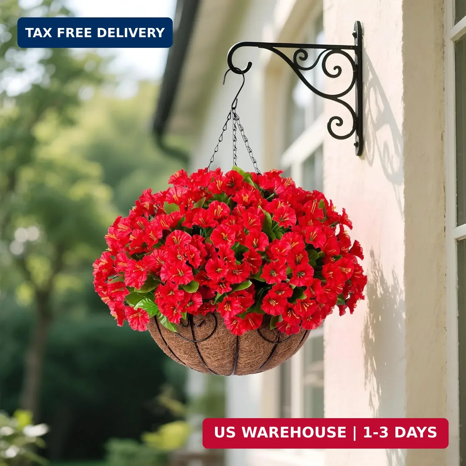 Ammyoo Artificial Hanging Flower Plants with Basket for Outdoor Decoration, Faux