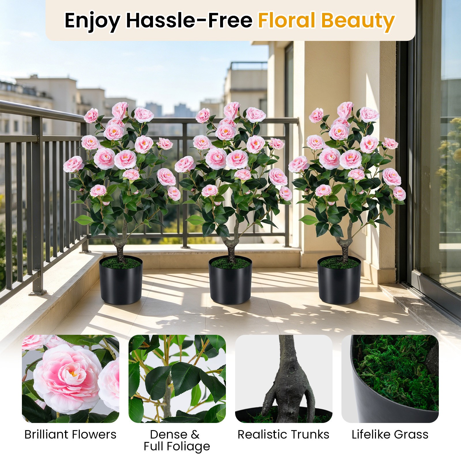 Artificial Camellia Tree, Faux Flower Plant in Cement-Filled Pot, Indoor Outdoor