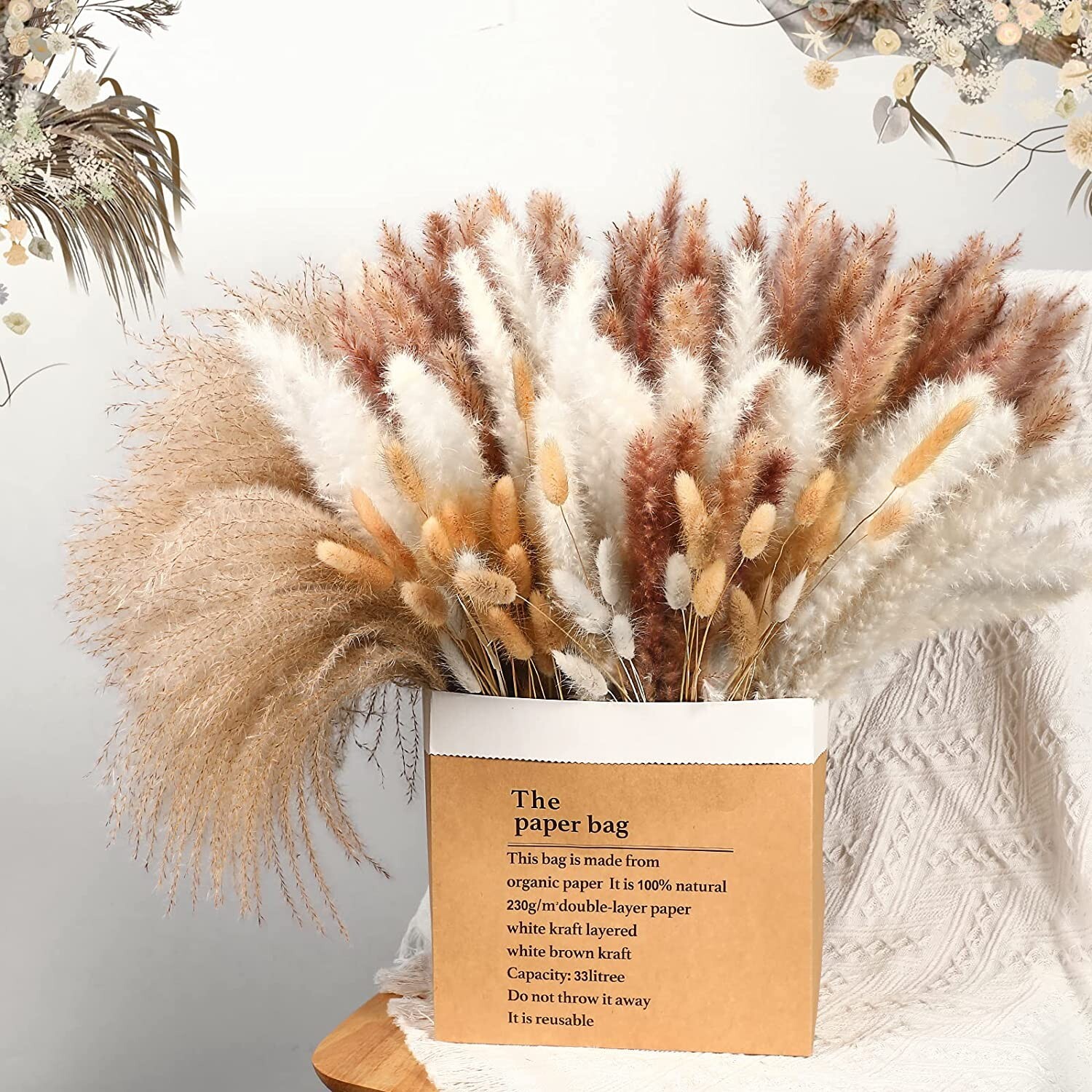 195Pcs Dry Pampas Grass Decor Fluffy Stem Bouquet for Boho Wedding Decor, 17.5″