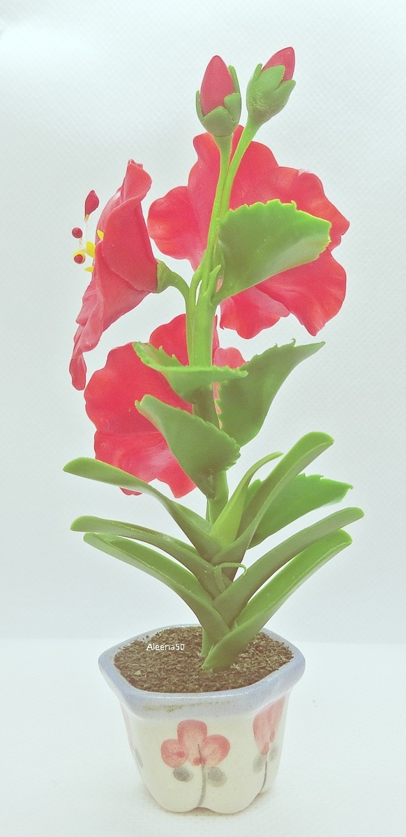 Handmade Clay crafted Miniature Hibiscus 5″H Arranged in Pot | US Stock