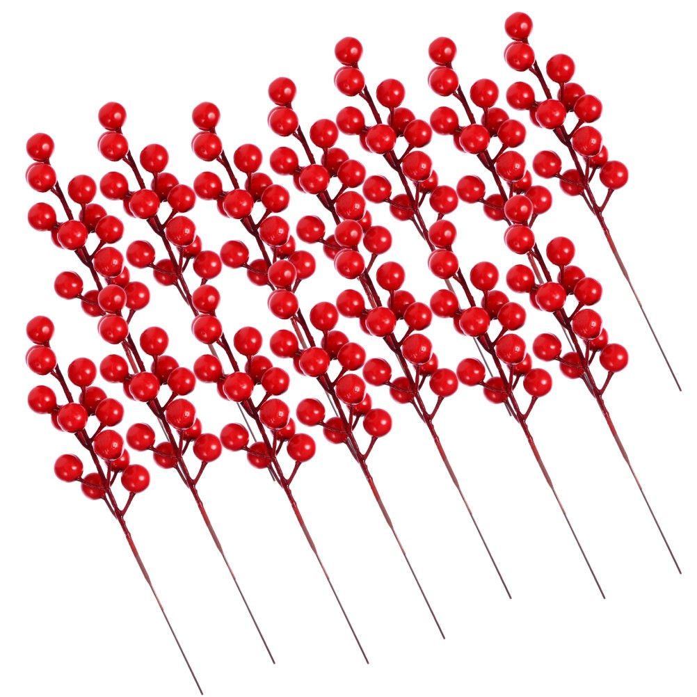 20Pcs Artificial Flower Ornaments Red Berry Branches for Xmas Banquet Decoration