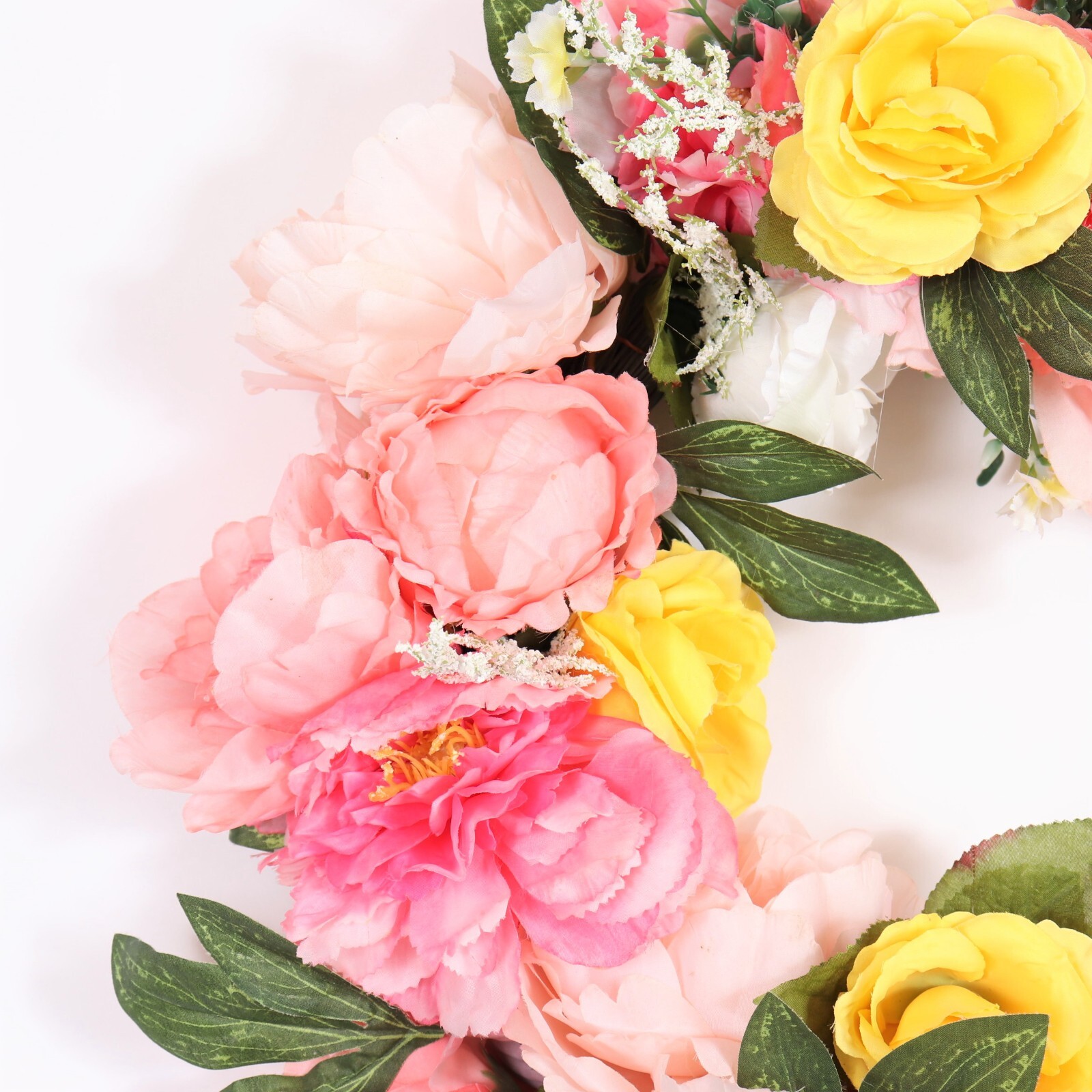 Beautiful Floral Wreath in Pinks Yellow and White with Green Leaves