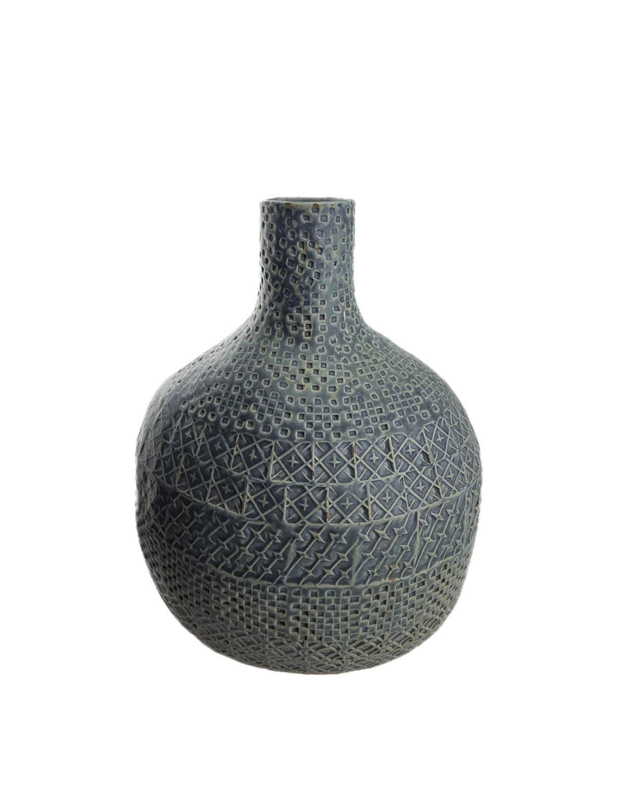 Textured Ceramic Vase w/ Intricate Geometric Patterns 10″ Tall Green Finish Deco