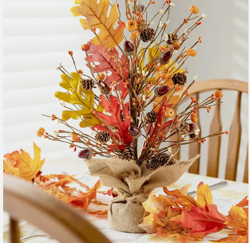 20″ H Fall Harvest Pumpkins Table Tree with Burlap Base Decorative Berries