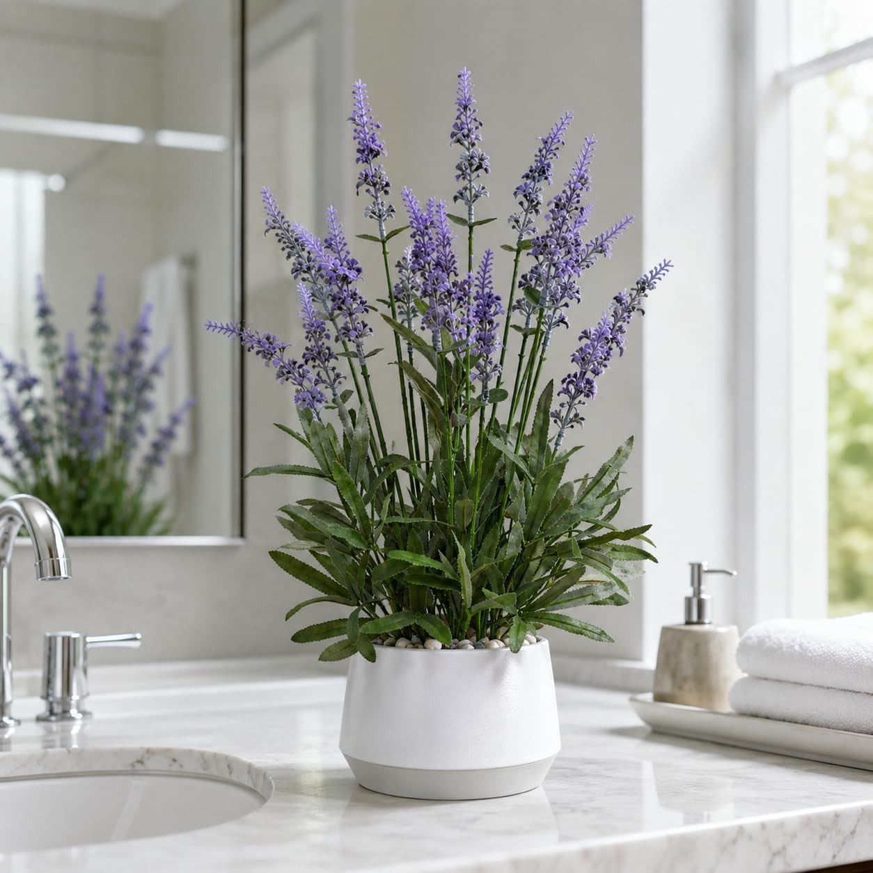 18″ Artificial Lavender Plant in White Pot – Realistic Home Decor