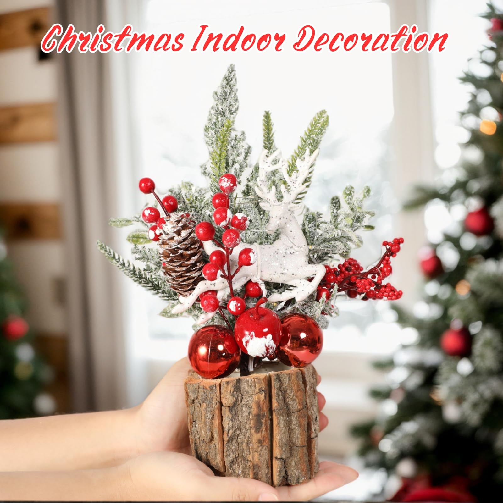Small Mini Christmas Tree With Lights Artificial Tabletop Pine Cones Red Berry