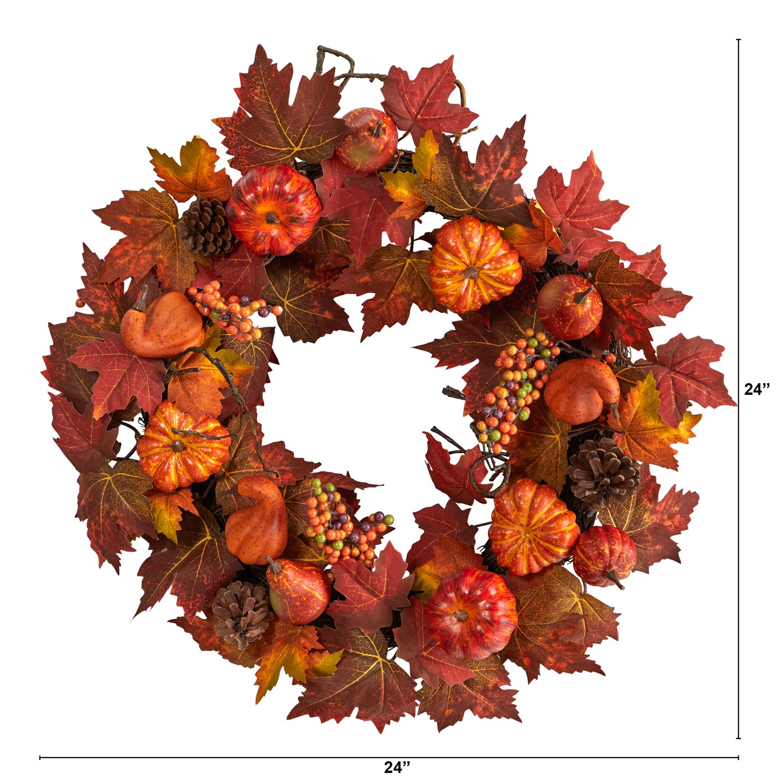 Nearly Natural 24″ Autumn Maple Leaves Pumpkin Pinecone & Berries Fall Wreath