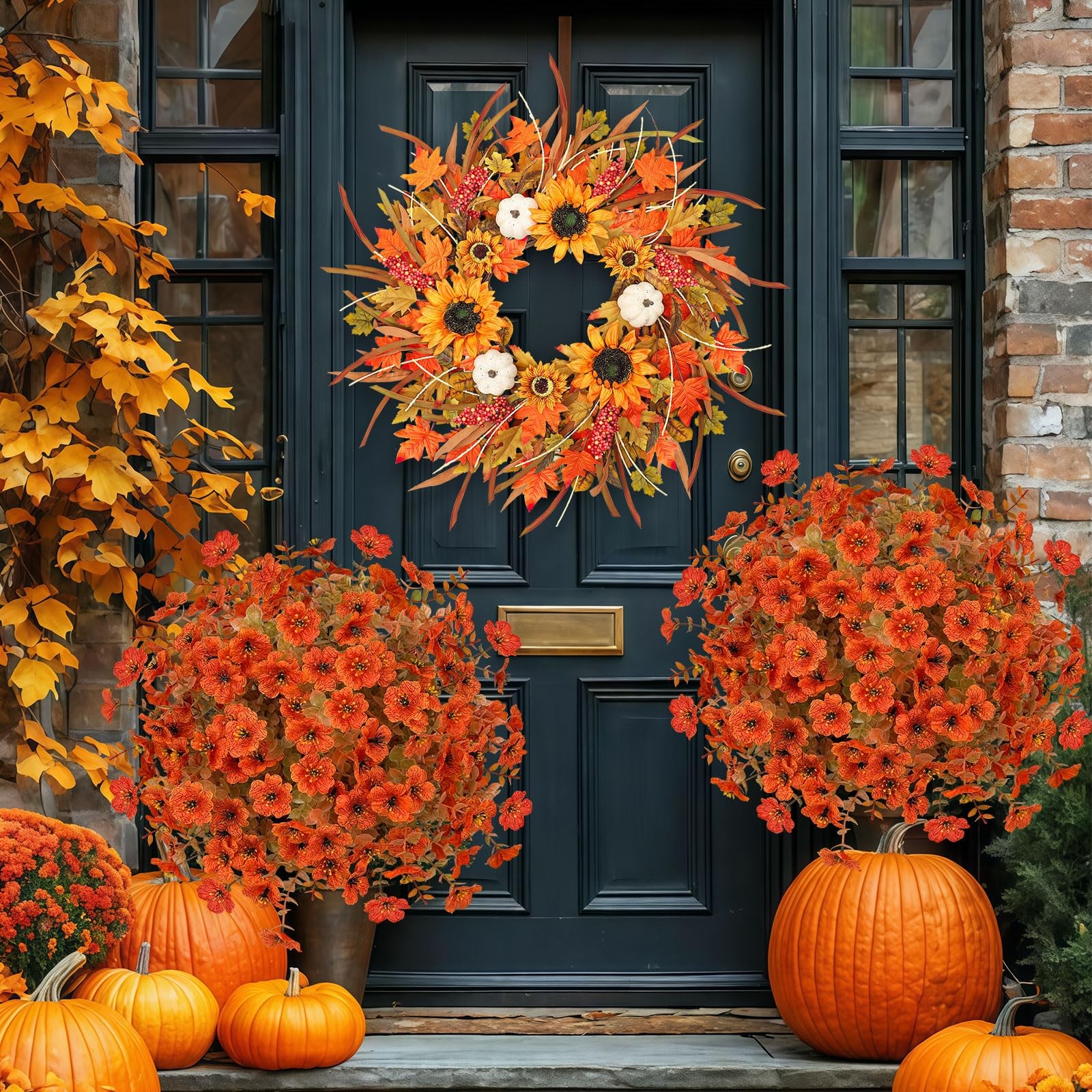 2pcs Fall Artificial Topiary Ball Trees, Autumn Flowers & Ground Spikes