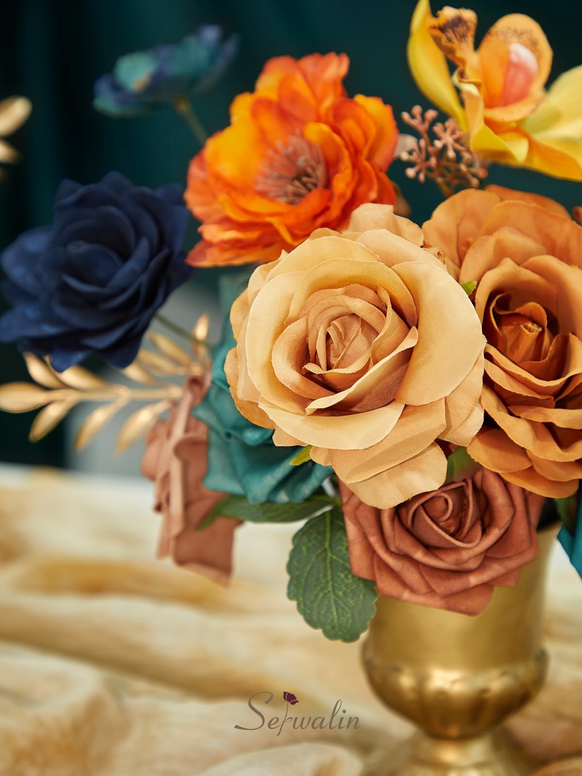 Teal Burnt Orange Artificial Silk Flowers Wedding Bridal Bouquet Party Decor