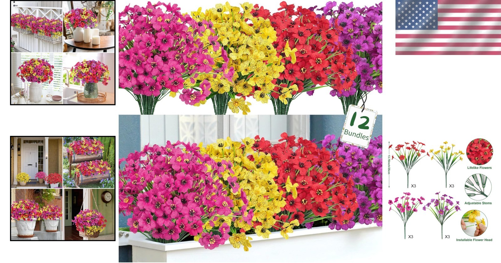 Versatile 12 Bundles of Artificial Flowers for Spring Summer Indoor/Outdoor Use