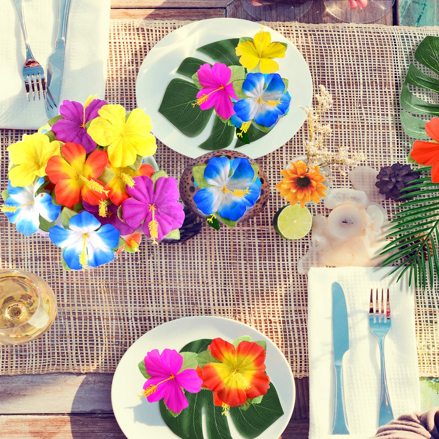 60 PCS Artificial Hibiscus Flowers Tropical Palm Leaves Luau Party Decor