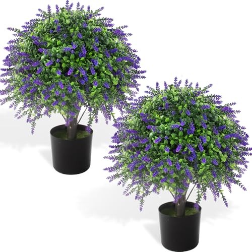 2 Pcs Artificial Lavender Topiary Ball Trees Potted Plants, UV Medium Purple