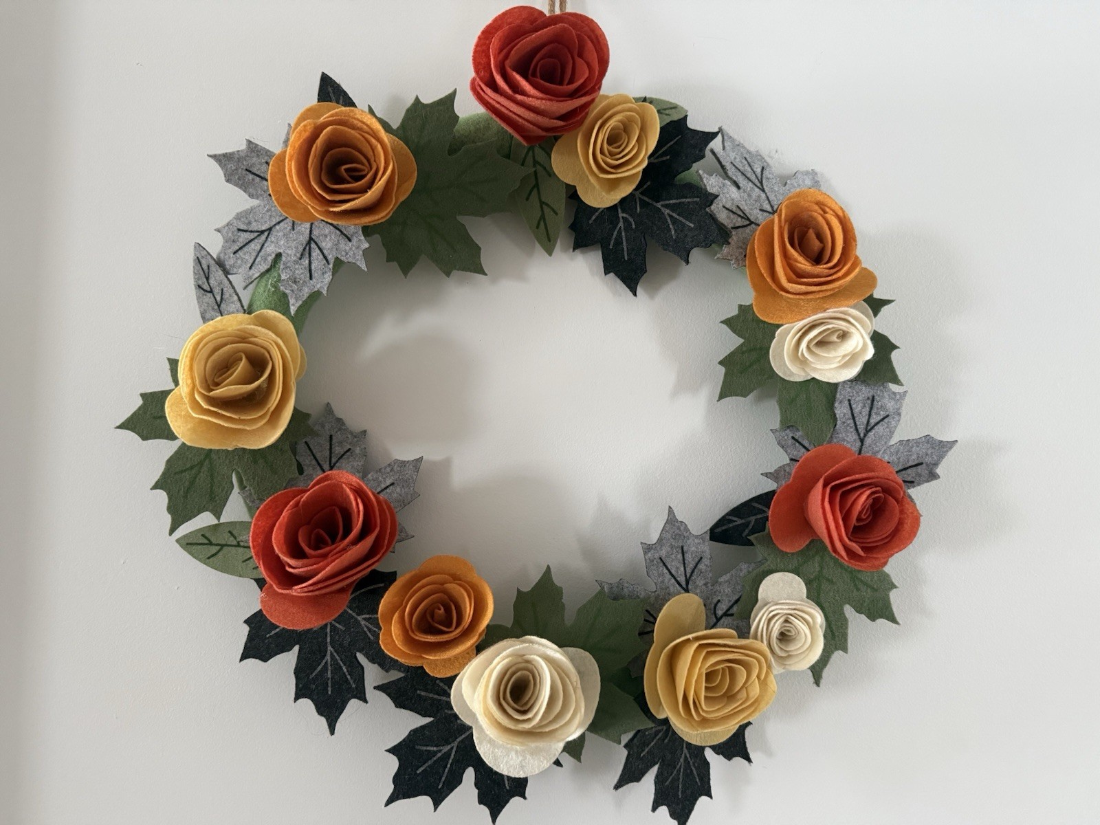 Handmade Felt Roses & Leaves Wreath Approx 18” Round Orange Yellow Peach Greens