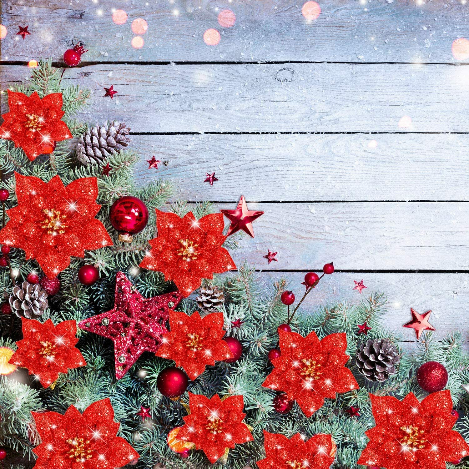 Artificial Flowers Glitter Christmas Ornaments Thanksgiving Birthday Wedding 5pc