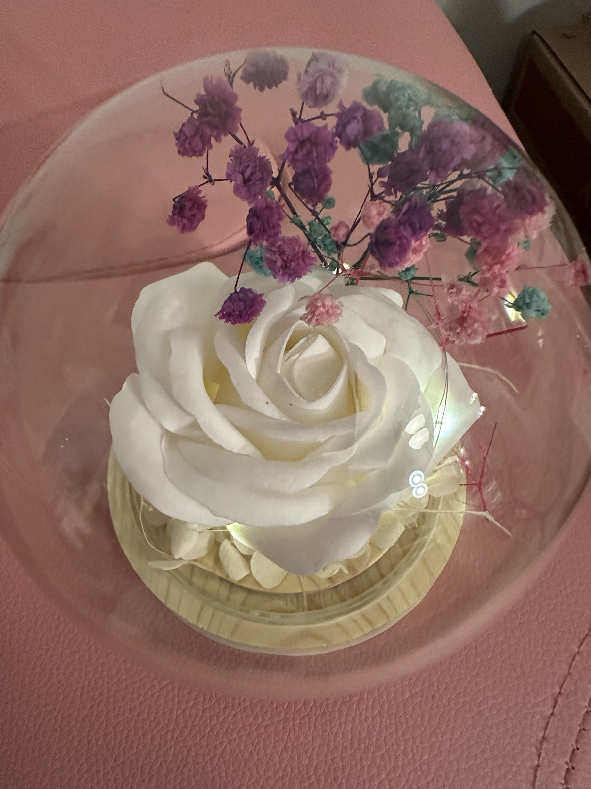 Artificial Rose Floral Arrangement Glass Dome, White Purple Pink Blue Flowers
