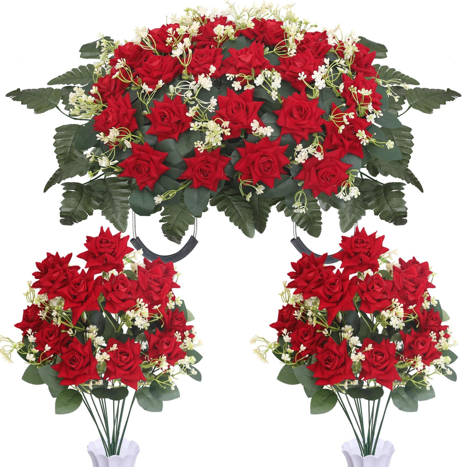 3 Piece Memorial Flowers Set for Cemetery – Large Headstone Flower Saddle + 2…