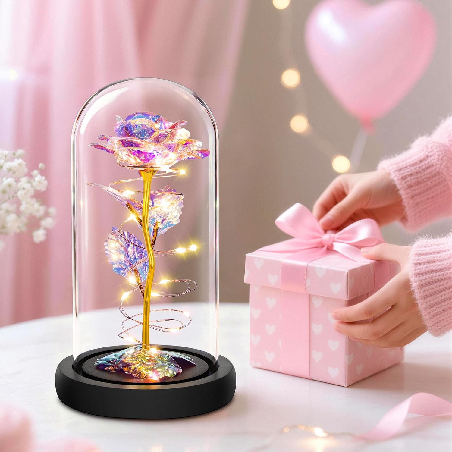 LED Rose in Glass Dome Gift for Her Valentine Anniversary Birthday Mom Wife