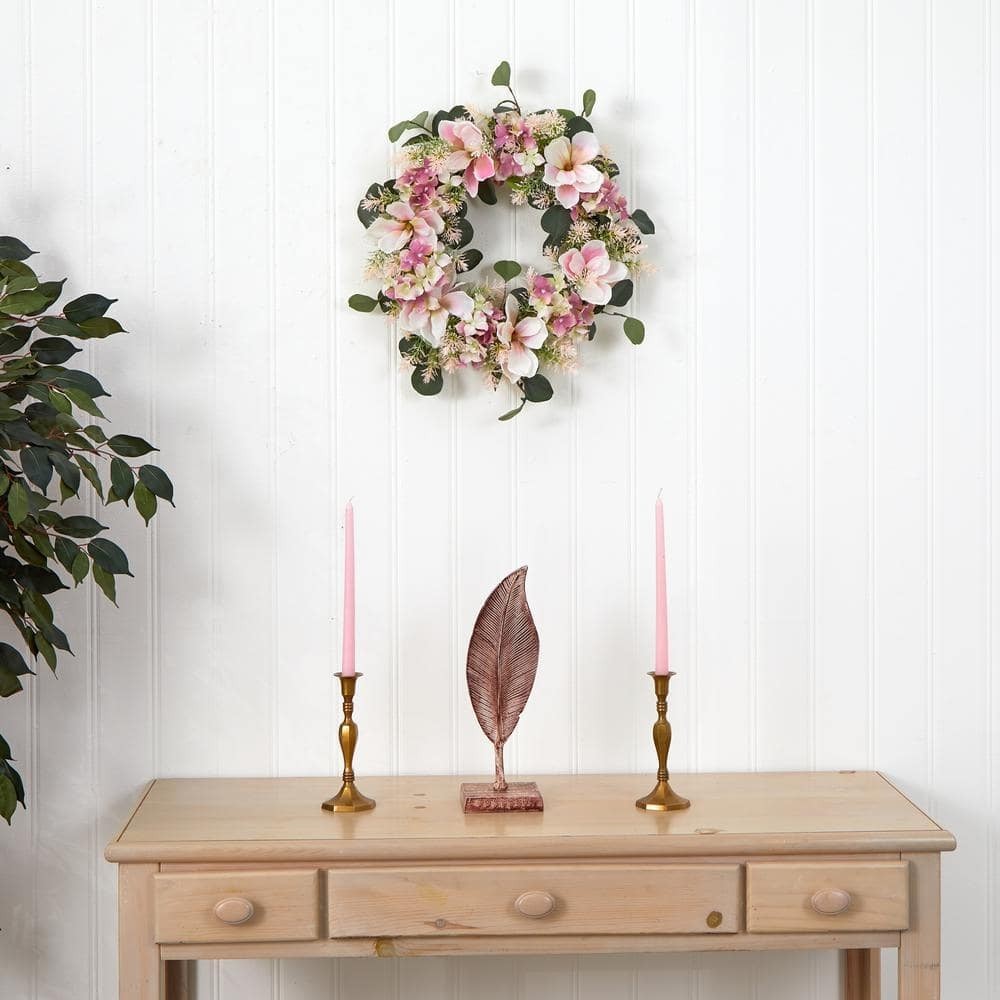 Nearly Natural Artificial Wreath 20″Dia Hydrangea Magnolia Pink Silk Flowers