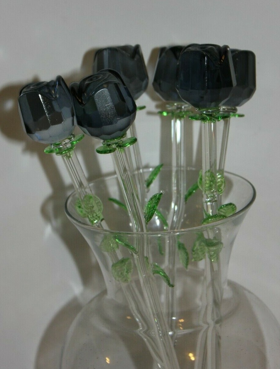 Bouquet of 6 x 12″ Black Glass Roses with Green Leaves, Halloween House decor!