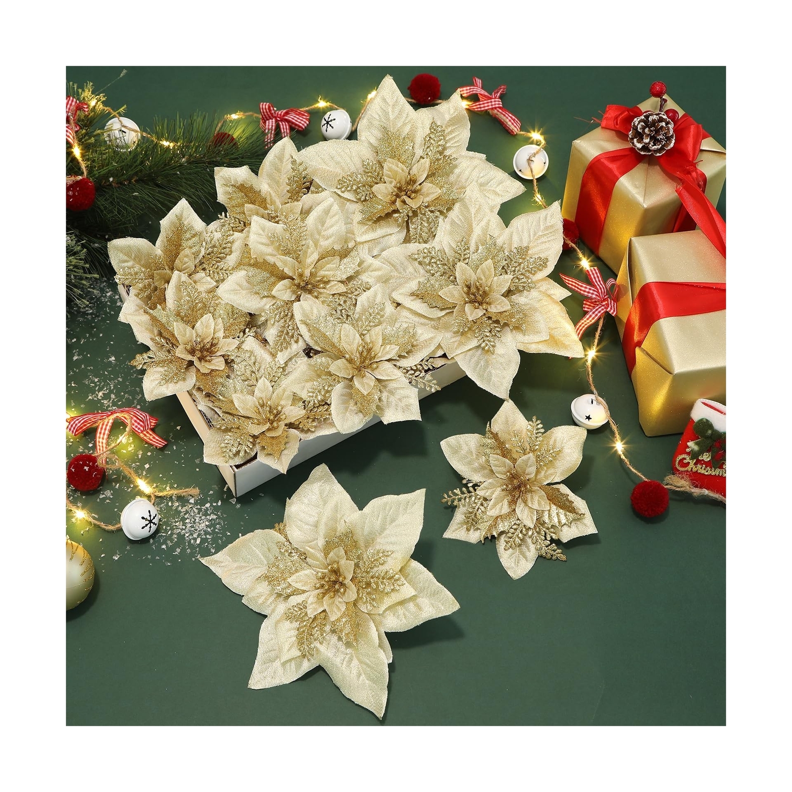 Alupssuc 24 Pcs 6″&9″ Large Size Poinsettia Artificial Christmas Flowers Deco…