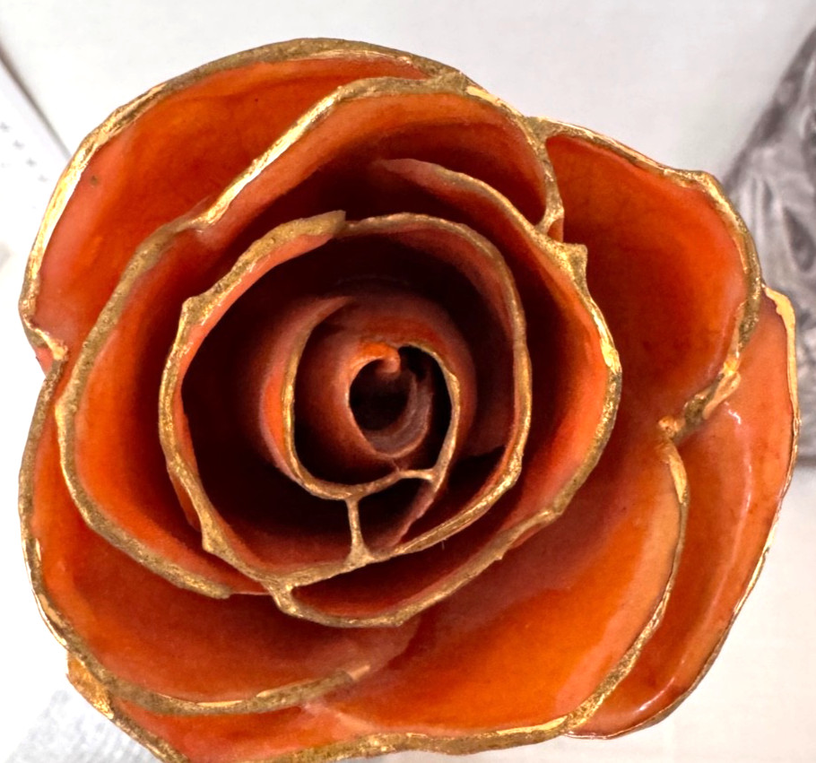 Orange Lacquered Rose with Gold Trim Unique Gift Free Shipping