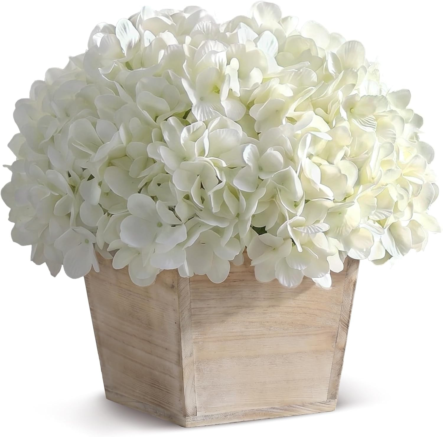 White 10″ Artificial Hydrangea in Wood Planter – No Assembly, Table Decor