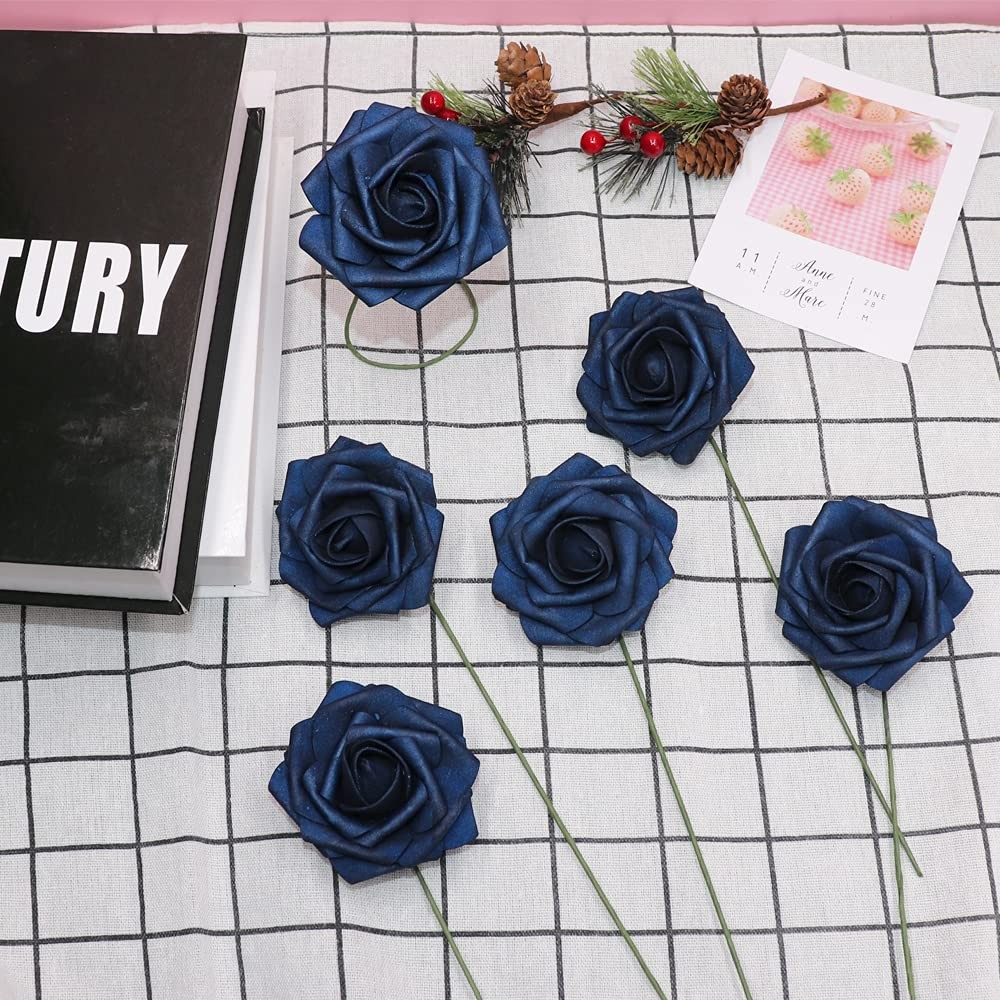 25 PCS Navy Blue Artificial Foam Roses Real Touch Fake Flower Wedding Bridal