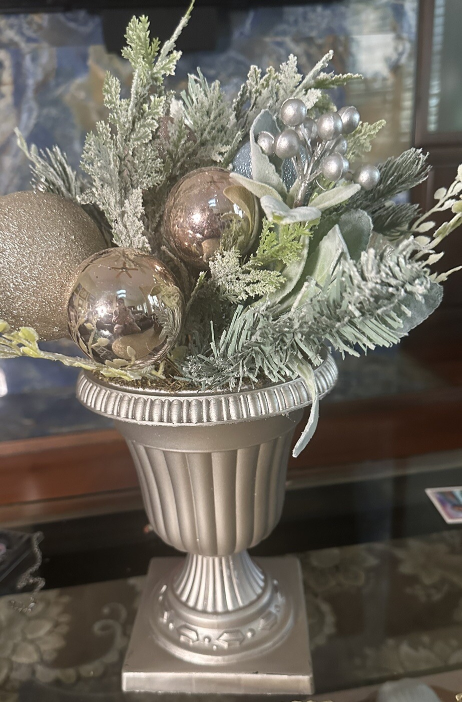 18” Pink Gold Pastel Lavender Christmas Floral Arrangement in Urn $60 Vase holi