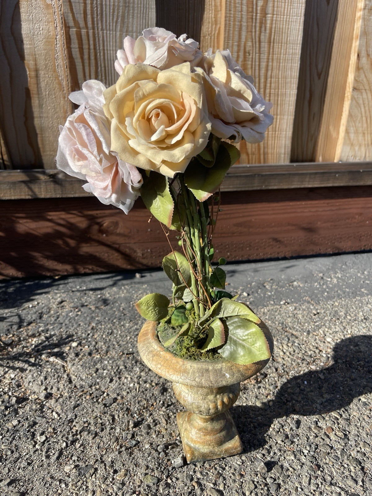 Artificial Rose Topiary Floral Arrangement Urn Vase 20 in Pink Beige Green