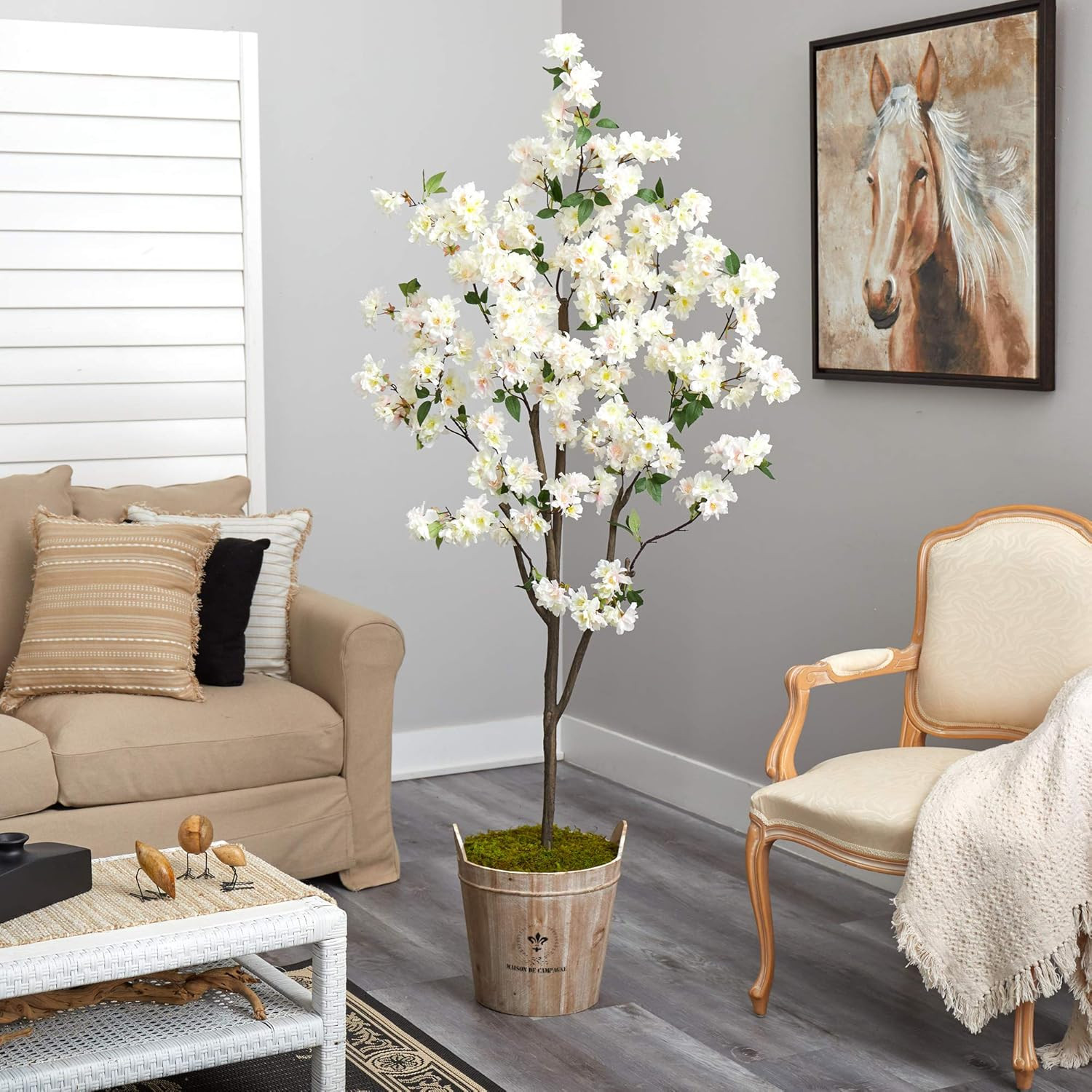 6Ft Cherry Blossom Artificial Tree with Rustic Farmhouse Planter