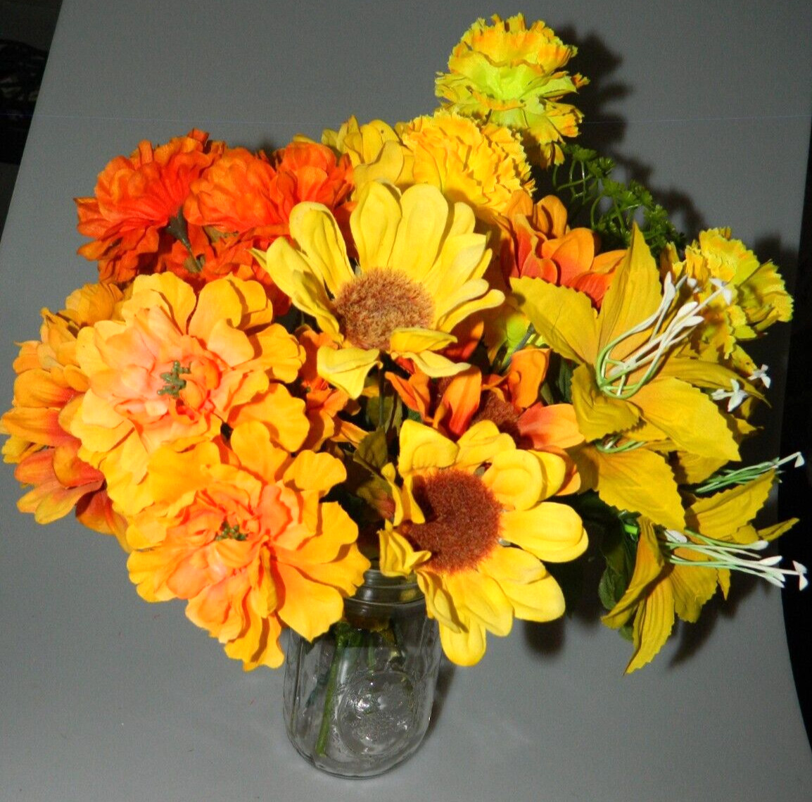 7 Piece Orange & Yellow Faux Flower Bouquet Bunch Mixed Assorted Vintage 13-14″
