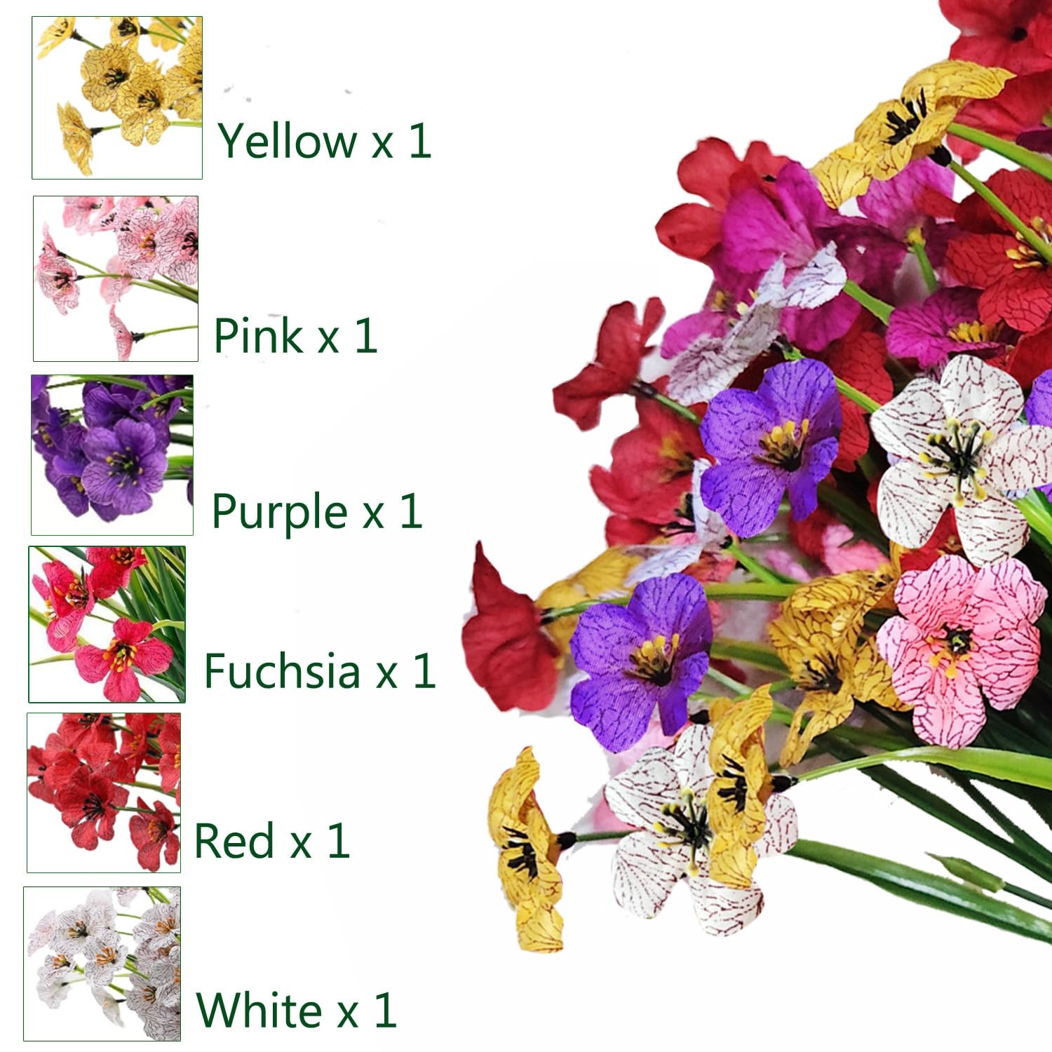 7Queen 6Bundles Artificial Flowers No Fade Fake Plastic Faux Plants Indoor