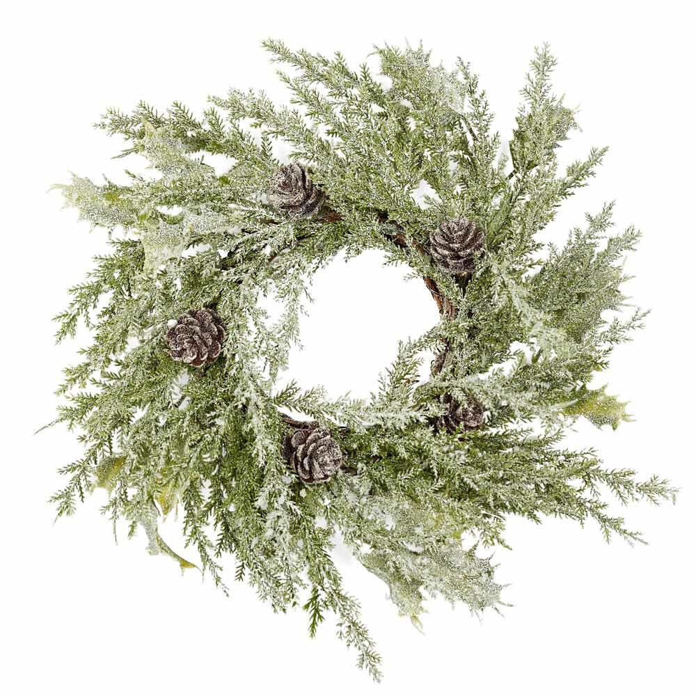 Factory Direct Craft Snowy Artificial Cypress Pine 10″ Wreath with Pinecones